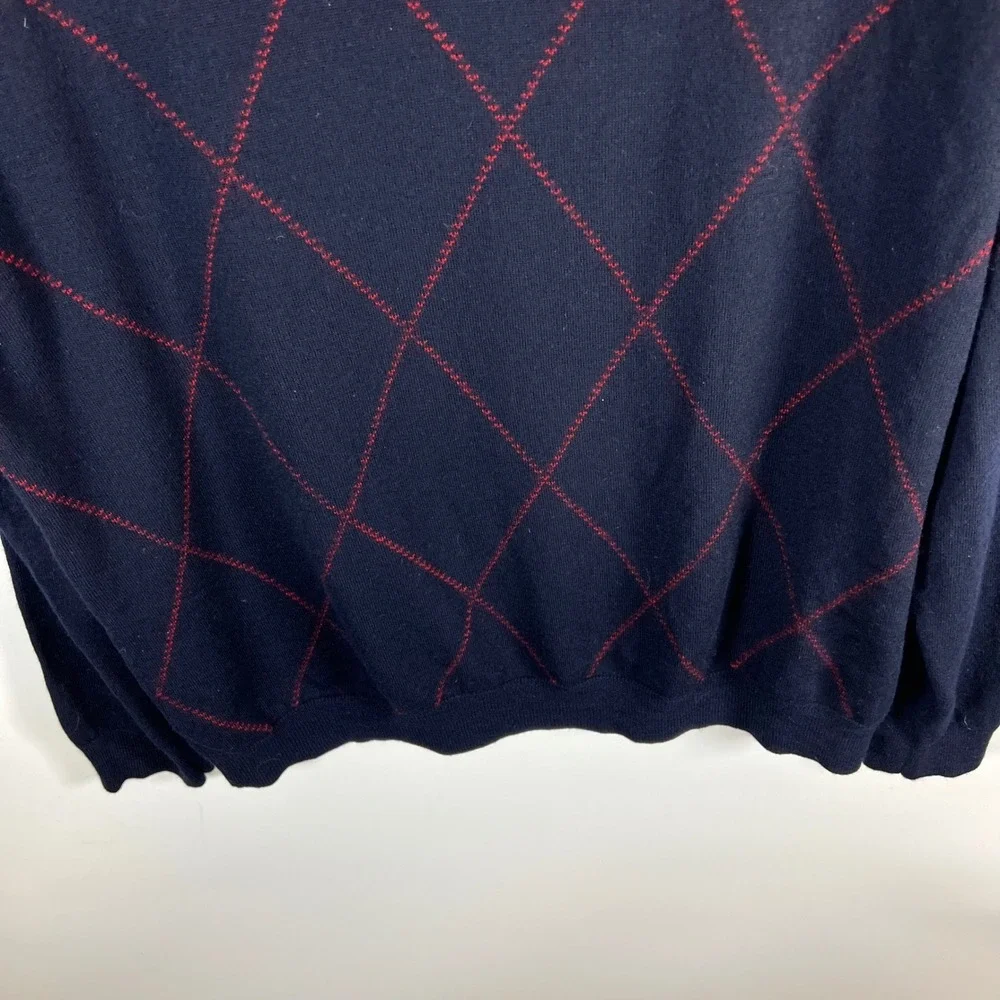 Brooks Brothers Men XL V Neck Argyle Sweater Extra Fine Italian Merino Wool Navy